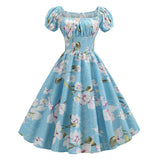 Square Neck Ruched High Waist Vintage Multicolor Floral Women Pleated Dress Short Sleeve Summer Rockabilly Swing Dresses