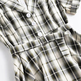 Green Plaid Rockabilly Vintage Notched Collar Buttons Elegant Belted A Line Retro Dress