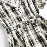 Women Green Plaid Rockabilly Vintage Notched Collar Buttons Elegant Belted A Line Retro Ladies Dresses