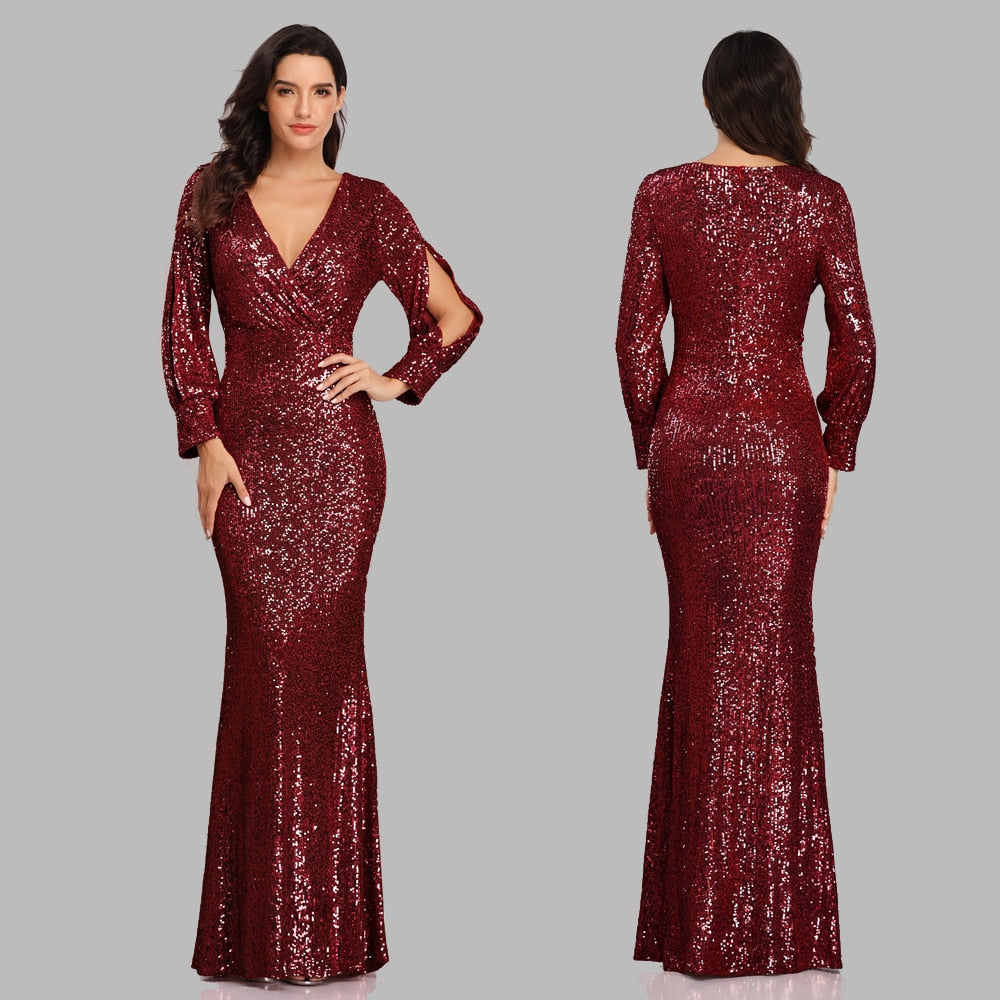 Sexy V-neck Mermaid Evening Dress Long Formal Prom Party Gown Full Sequins Long Sleeve Galadress Dresses