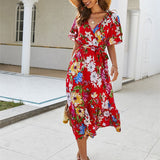 Bohemian Vintage Floral Print A-Line Long Boho Holiday Maxi Beach Dress