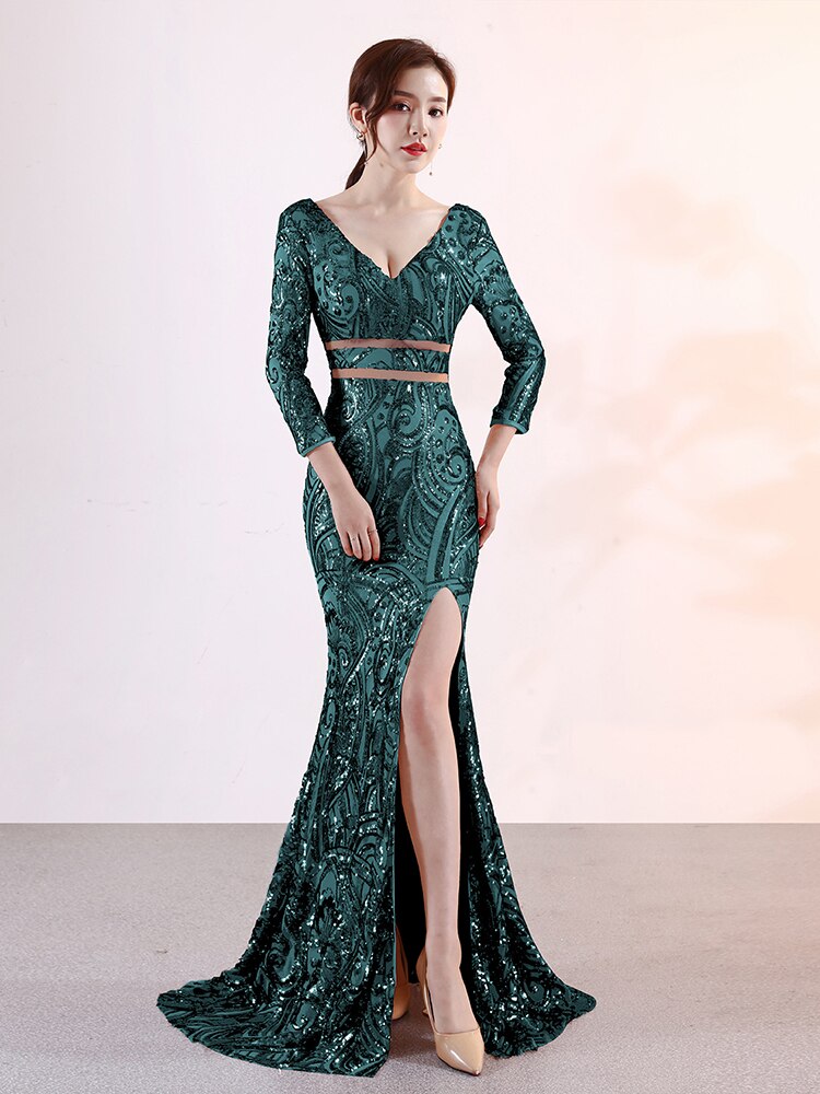 Sexy Backless V-Neck Long-Sleeve Evening Dress Split Floor-Length Formal Women Vestidoes Sequin Embroider Party Robes