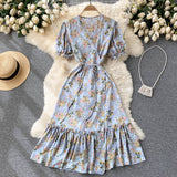 V Neck Short Puff Sleeve Floral Print Beach Summer Dress Ruffle Hem Elegant Midi Wrap Dress