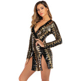 Geometric Sequin Slit Sexy Mini Night Club Outfit Long Sleeve Deep V Neck Pattern Chic Party Dress