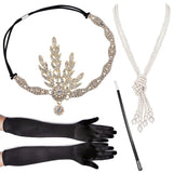 4pcs/set 1920s Flapper Accessories Set Rhinestone Headpiece Pearl Knot Necklace Bracelet with Cigarette Holder