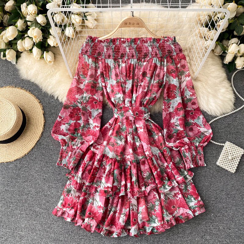 Ruffle Hem Beach Vacation Floral Print Chiffon Mini Dress With Belt Elegant Women Long Sleeve Off Shoulder Dress