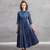 Women Spring Denim Three Quarter Sleeve High Waist With Belt Design Long Elegant Vintage Dress