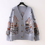 Autumn Women Vintage Long Sleeve Cartoon embroidery Sweater Coat Casual Knitted Cardigans