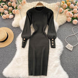 Crew Neck Puff Long Sleeve Ribbed Knitted Dress Office Elegant Button Mini Bodycon Dress