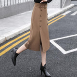 Long Women Black Khaki Woolen A-Line Autumn Thick Button Office Ladies Korean Suit Skirt