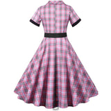 Notched Collar Plaid Print 50s Vintage Dress With Belt 2021 Summer Women Casual Slim Party Jurken Elegant Short Sleeve Clothing