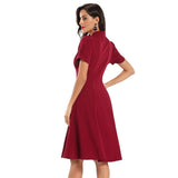 Retro Single Breasted Ruched V Neck Elegant Party Midi Women Rockabilly Vintage Swing Dress