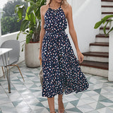 Ladies Boho A-Line O-Neck Polka Dot Maxi Long Holiday Foral Print Beach Dress