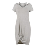 Gray Women Short Sleeve Cold Shoulder Solid Basic Design Asymmetrical Hem Loose Dresses