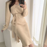 Women V Neck Long Sleeve Chic Knitted Sexy Side Slit Midi Dress Elegant Bodycon Dress With Belt
