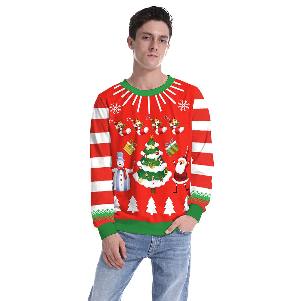 Fashion Unisex Ugly Christmas Sweater Men Women Xmas Tree Printing Long Sleeve Round Neck Pullover Tops