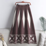 Elegant A Line Women Fringed Hem Contrast Geometric Knitted Skirts Elastic High Waist Midi Long Skirt