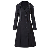 Medieval Trench Women Coat Long Winter Black Turn Down Collar Gothic Elegant Streetwear Outwear Vintage Punk Jacket Female