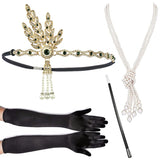 4pcs/set 1920s Flapper Accessories Set Rhinestone Headpiece Pearl Knot Necklace Bracelet with Cigarette Holder