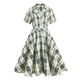 Women Green Plaid Rockabilly Vintage Notched Collar Buttons Elegant Belted A Line Retro Ladies Dresses