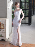 One Shoulder Sexy Side Split Party Dress Sleeveless Formal Occastion Sequins Prom Gowns