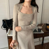 Autumn Winter Dresses For Women Elegant Vintage Queen Anne Neck Long Sleeve Knitted Dress Solid Casual Midi Dress