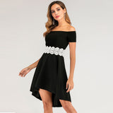 Black Formal Off Shoulder Short Sleeve White Lace Waist High Low Evening Party Dress