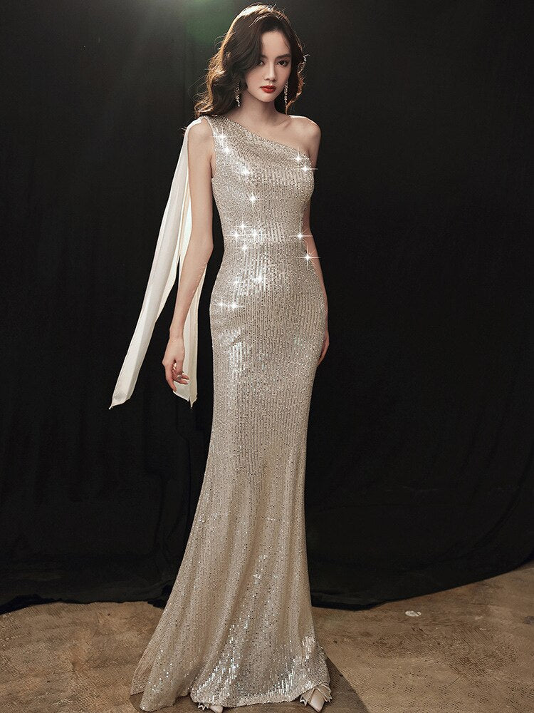 One Shoulder Sleeveless Shinning Evening Dress Mermaid Sequins Champagne Party Dress Elegant Floor Length Full Gowns