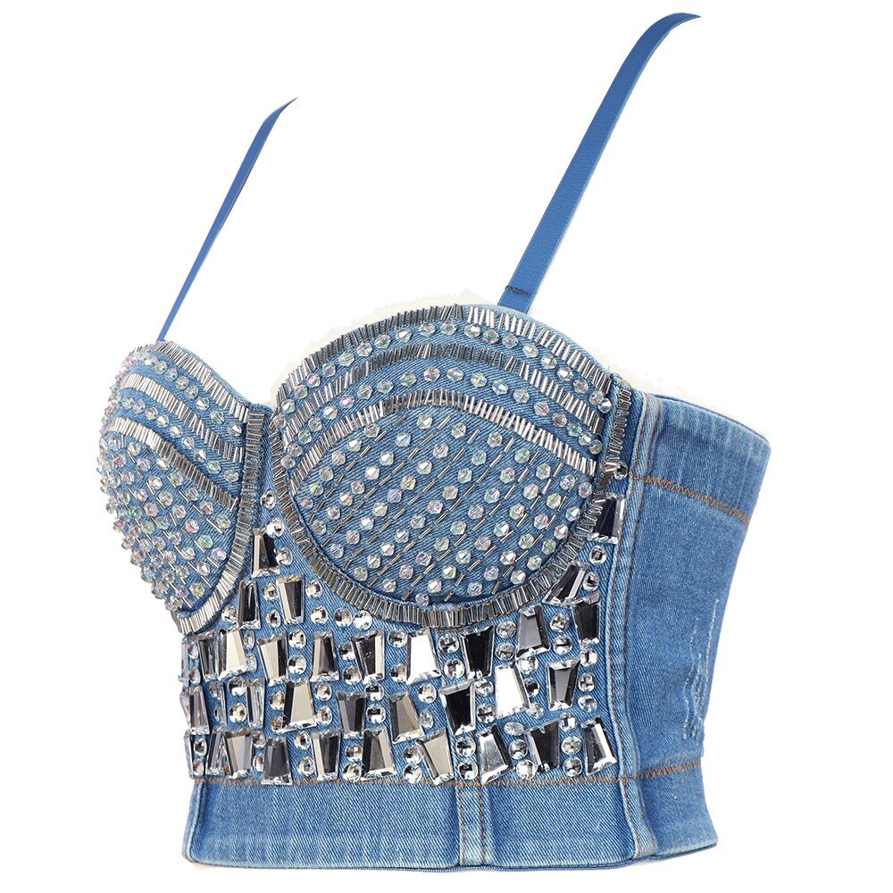Women Camis Sexy Crop Top To Wear Out Rhinestone Sequins Acrylic Denim Cropped Corset Push Up Bra
