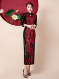 Fashion Sequins Embroidered Evening Dress Side-Slit Formal Occasion Women Black Red Long-Sleeve Tea-Length China Cheongsam
