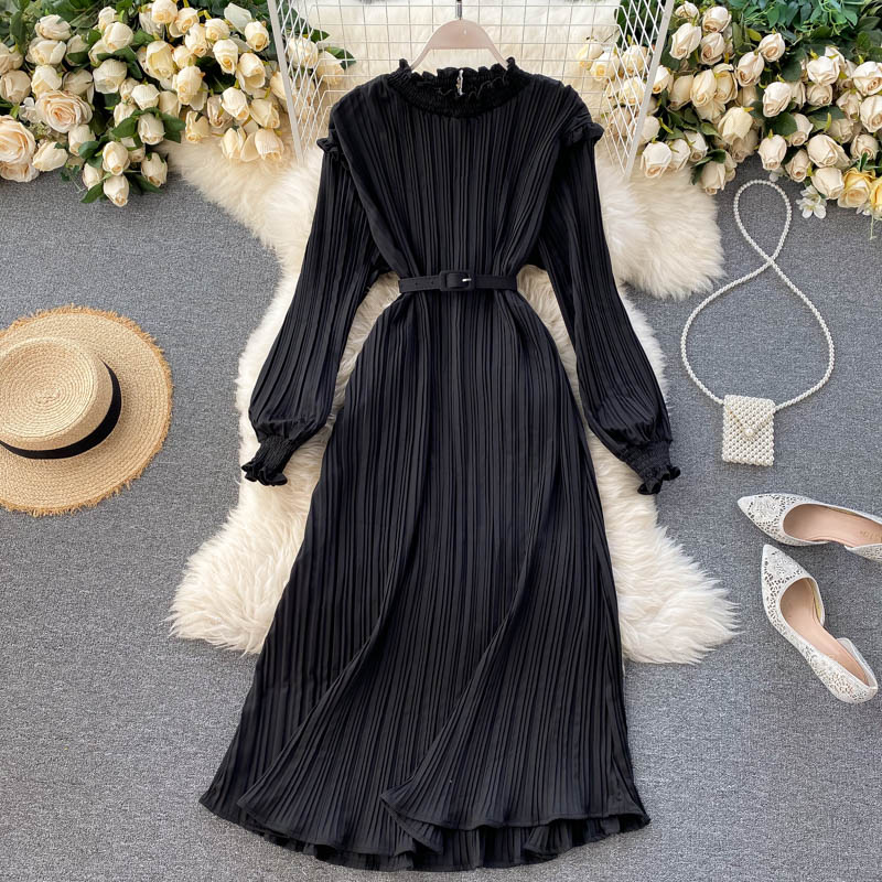 Casual Stand Collar Frill Long Sleeve Pleated Dress With Belt Ladies Elegant Midi Dress