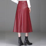 Women Faux Leather Elegant Ladies Office Long Solid Color High Waist A-Line Pleated Maxi Skirts