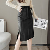 High Waist Pencil Skirts Women Korean Style All-match Vintage PU Leather Ladies Knee-length Skirt