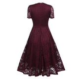 2021 V Neck Elegant Burgundy A Line Lace Midi Swing Dress Office OL Women Summer High Waist Vintage Style Party Sundress Clothes