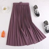 Korean Fashion Pleated Long A-Line Women Elegant Elastic High Waist Autumn Skirt With Belt