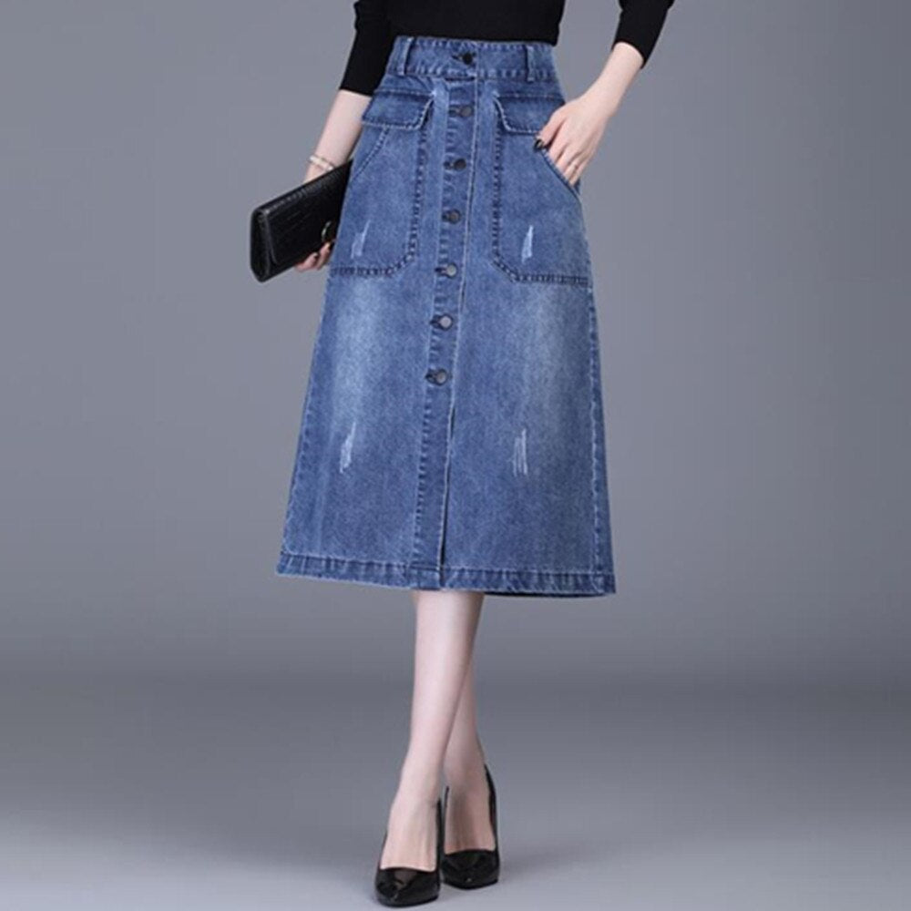 Long Denim Summer Korean High Waist Button Midi Skirt Women Elegant A Line Jeans Skirts
