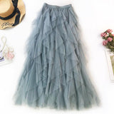 Vintage Boho Tulle Summer Long Maxi Pleated Skirt Elastic High Waist Ruffle A-line Skirt