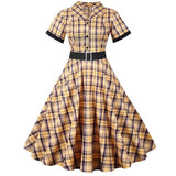 Notched Collar Plaid Print 50s Vintage Dress With Belt 2021 Summer Women Casual Slim Party Jurken Elegant Short Sleeve Clothing