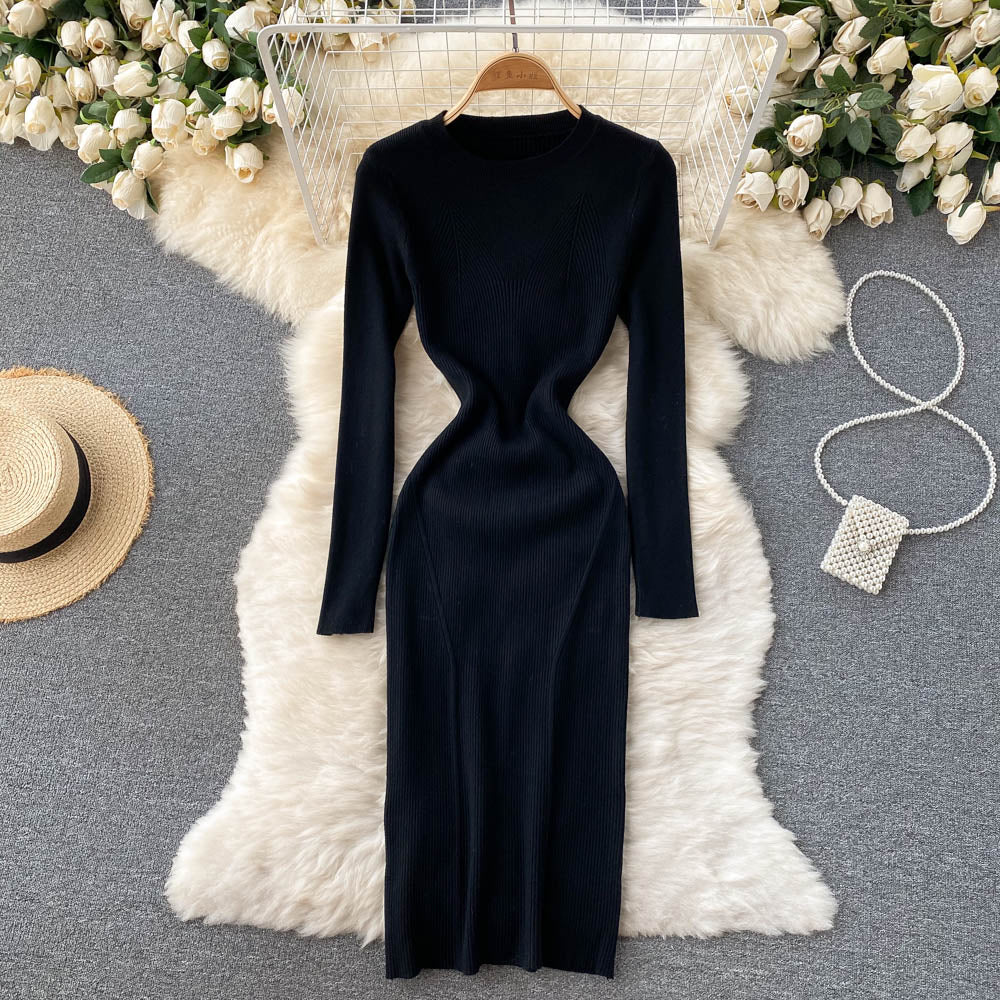 Autumn Winter Elegant Crew Neck Long Sleeve Ribbed Knitted Dress Solid Sexy Bodycon Midi Dress