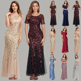 Plus Size Mermaid O Neck Short Sleeve Lace Appliques Tulle Long Party Gown Robe Soiree Sexy Formal Dress