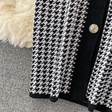 Fall Winter Elegant Office Single Breasted Cardigan Sweater Dress Houndstooth Knitted Bodycon Midi Dress