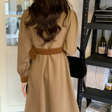 Lapel Collar Long Sleeve Button Up Shirt Dress With Belt Contrast Color Vintage Elegant Midi Dress