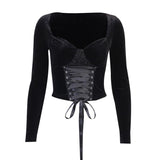 2021 Vintage Lace Black T Shirt Goth Aesthetic Long Sleeve Velvet T-shirt Women Harajuku Sexy Slim Bandage Long Sleeve Tops