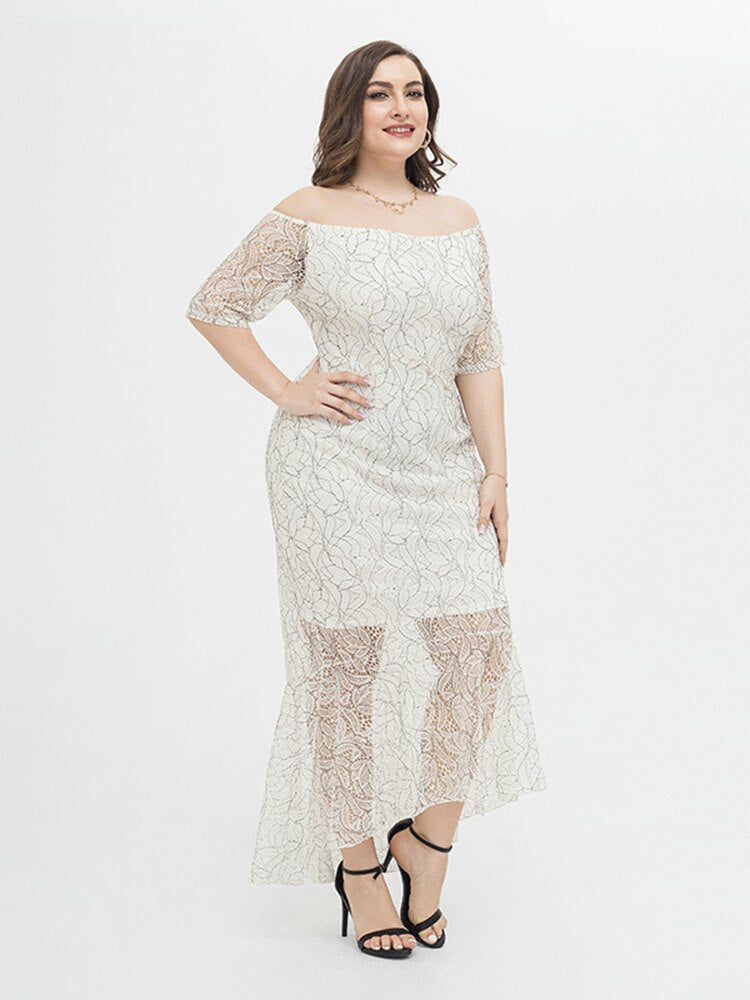 Plus Size Lace Women White Party Dress Half Sleeve Mermaid Formal Robes Off The Shoulder Vestidoes Asymmetrical Prom Gowns