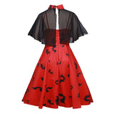 2021 Chiffon Cape Bat Print Elegant Summer Midi Dress High Waist Vintage Style 50s 60s Women Halloween Party Swing Dresses