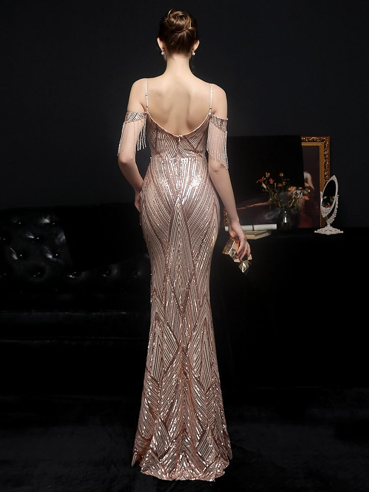 Women Gold Sequin Party Dress Strap Maxi Dress Sexy V Neck Beading Evening Dress