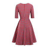 Autumn Vintage V Neck Plaid Pin Up High Waist Elegant Robe Rockabilly Party Dress