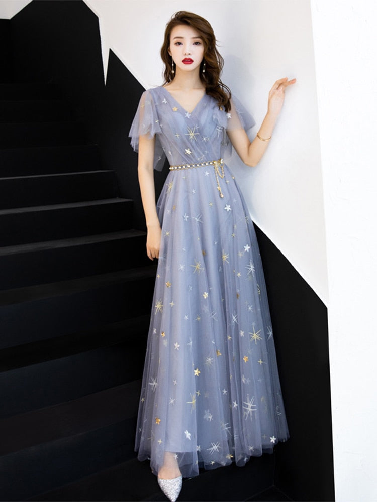 Duble V-neck Homecoming Dress Haze Blue Ruffles Sleeve Stars Sequins Tulle Long Prom Robe A-line Elegant Formal Party Dress