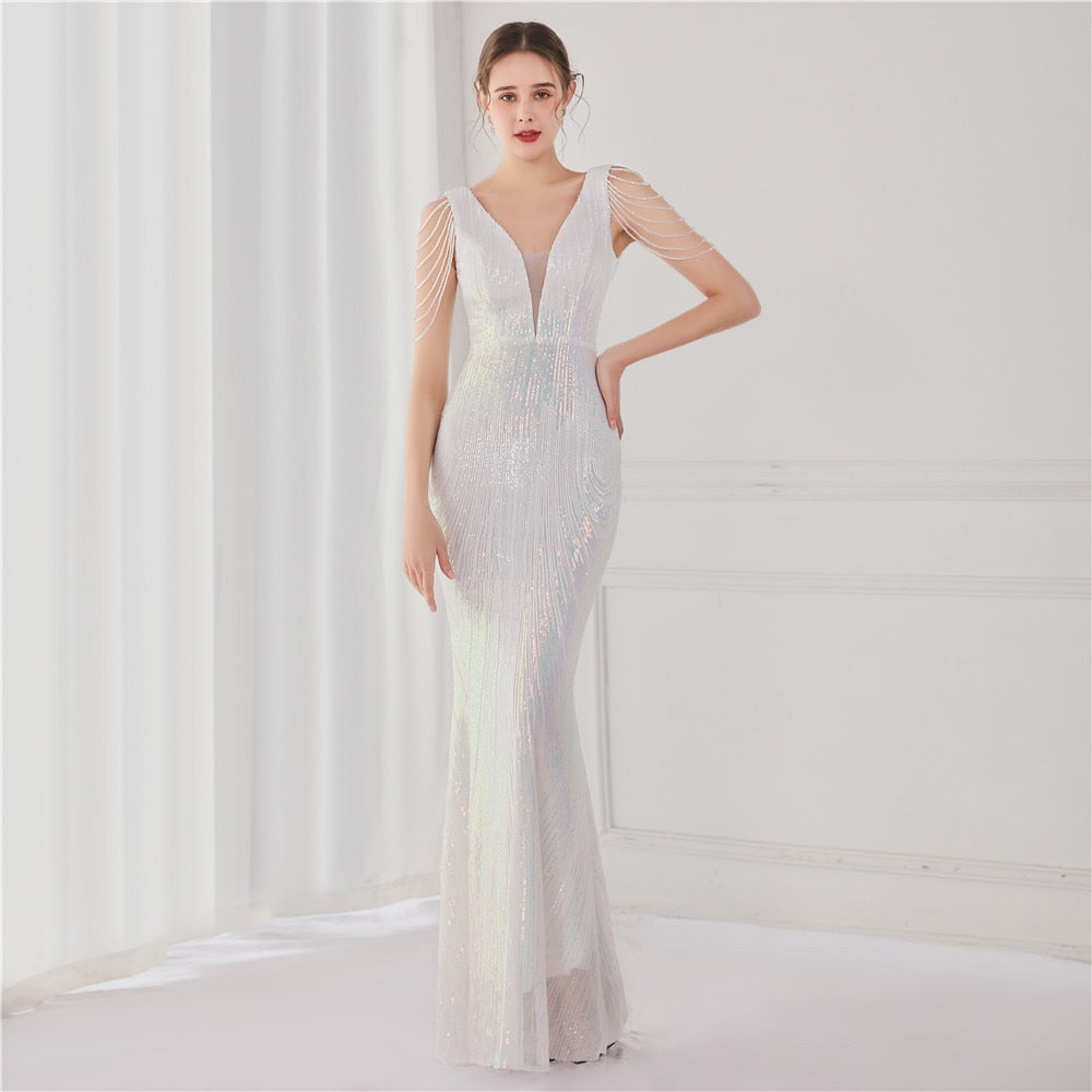V-Neck Sleeveless Luxury Beading  Evening Dress Mermaid Sequin Women Party Maxi Dress Vestidos