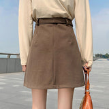 Ladies Elegant A-line Pleated Skirt Korean Style Vintage Woolen All-match Women Casual Mini Skirts With Belt